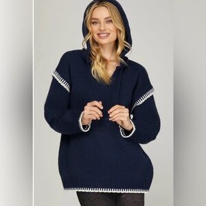 She + Sky Navy and White Hooded Sweater NEW